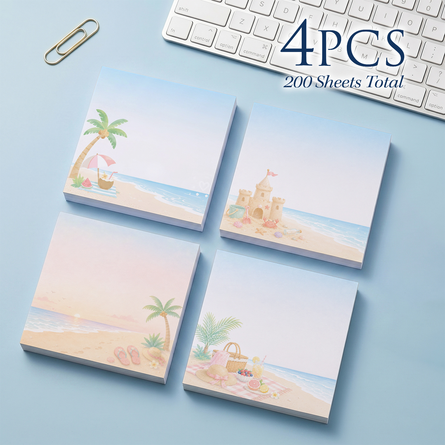 TEMU 4pcs 200 Sheets Summer Beach Sticky Notes, Aesthetic Coastal & Tropical Memo Pads, Cute Desk Stationery, Self-adhesive Removable Notes For
