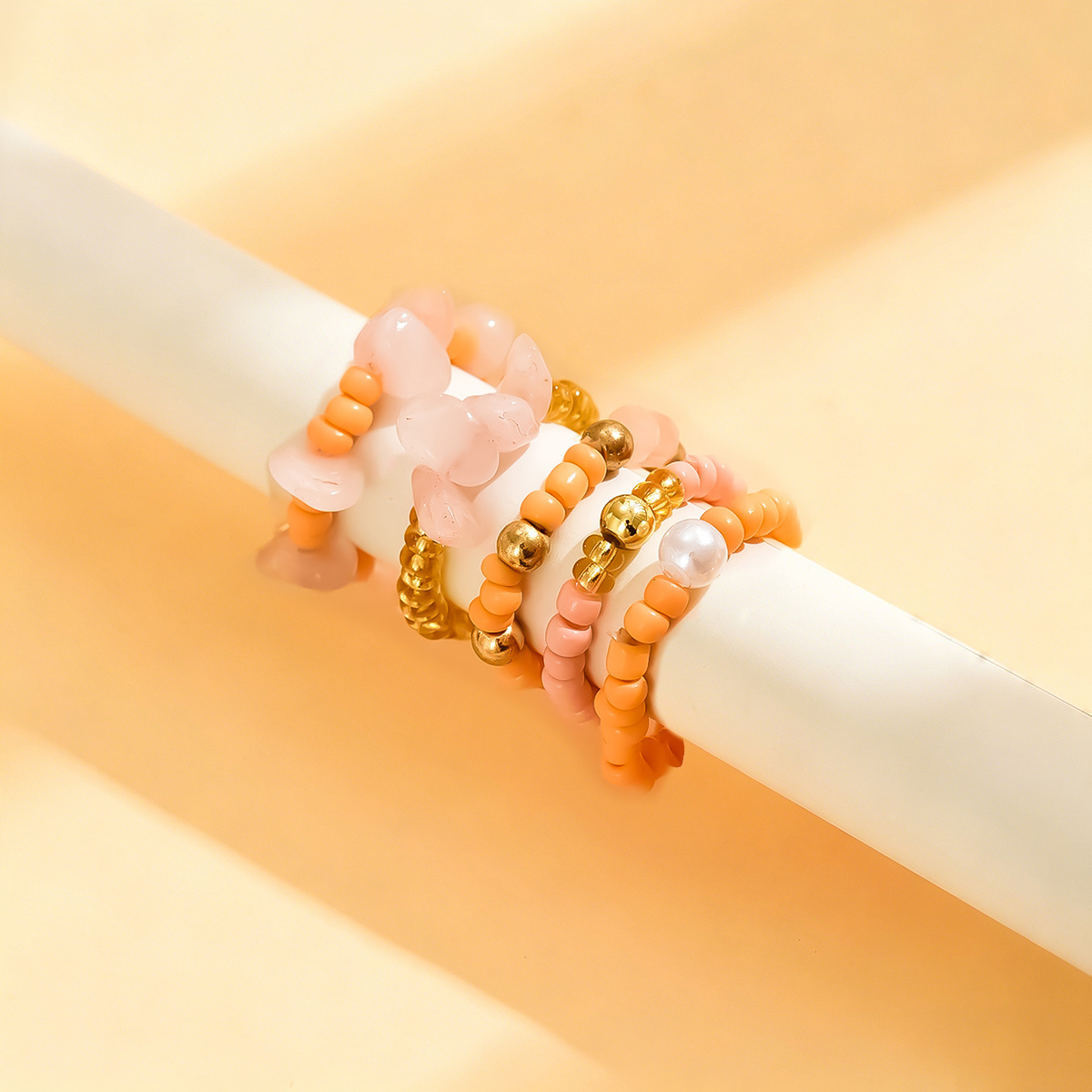 5pcs Glass Bead Ring Set, Pink Irregular Stackable Rings