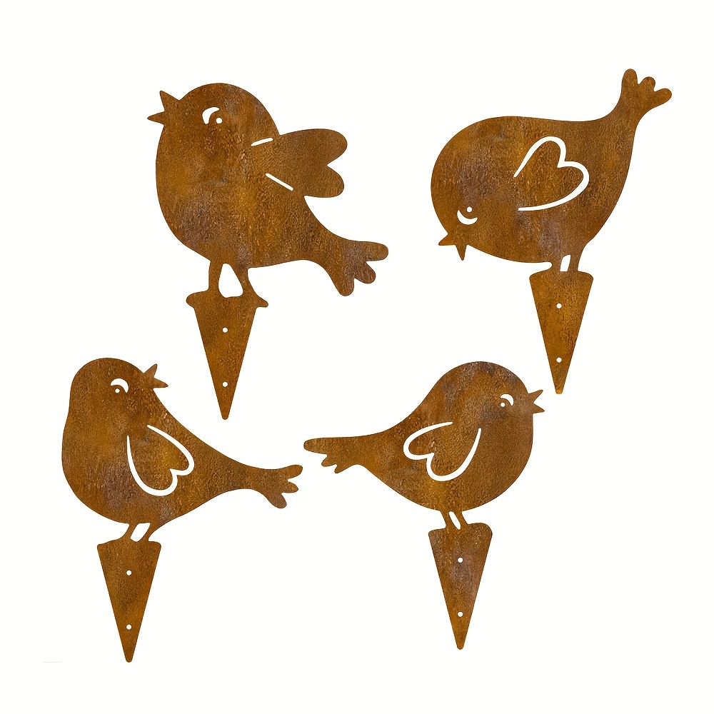 E-shop 2D Flach, 4 Stück 2D Flach Natürlicher Rost Acryl Vogel Gartenstecker, Rustikaler Stil Outdoor Acryl Dekorstecker, Deko für Balkon, Garten,