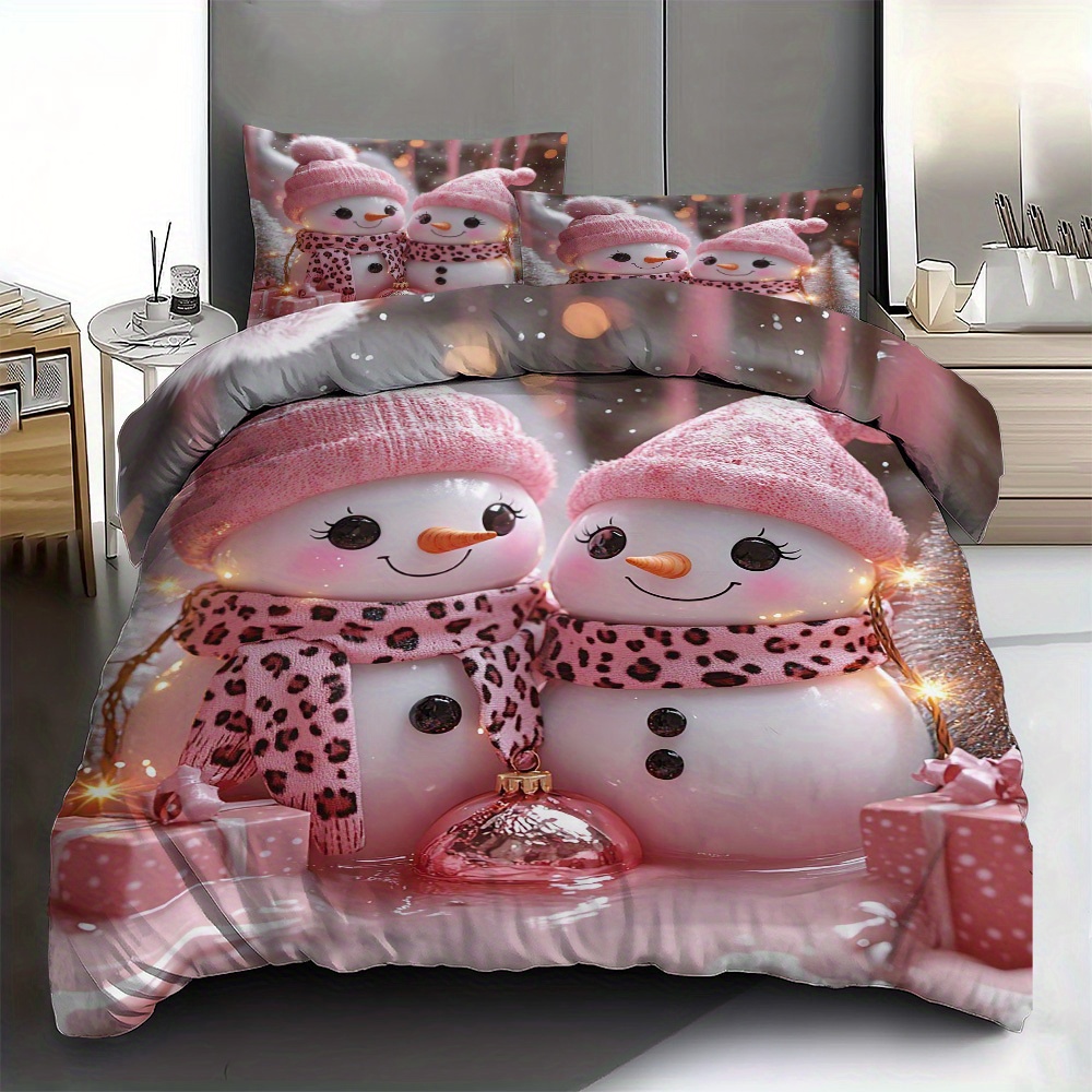 

3pcs Christmas Snowman Duvet Cover Set - & Polyester, Includes 1 Duvet Cover And 2 Pillowcases, - For Or