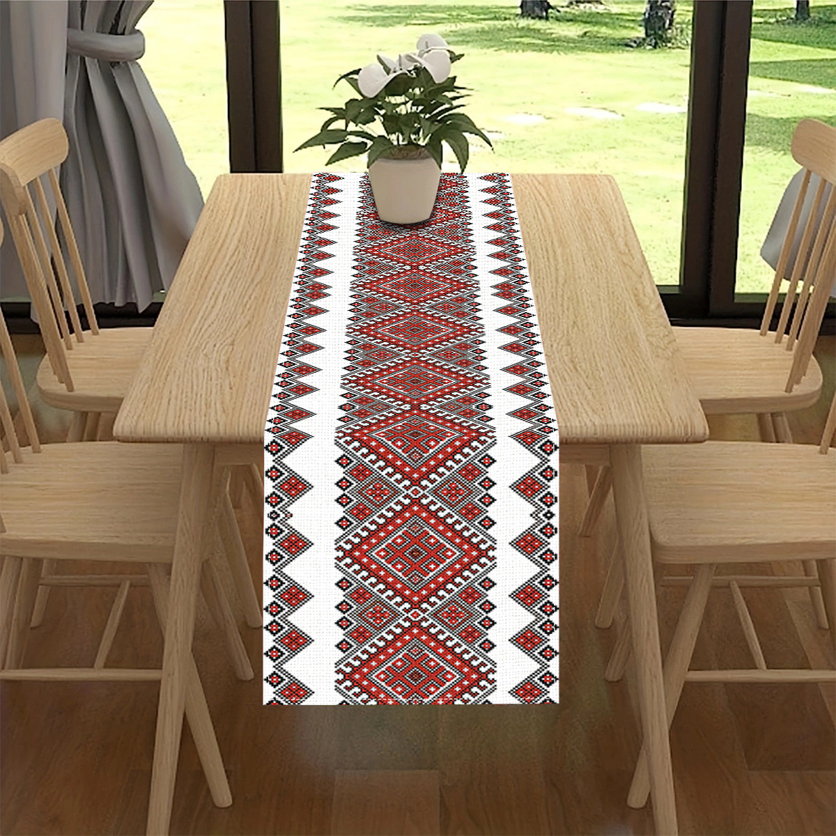 TEMU Jit1pcsjit 1pc Red Geometric Pattern Table Runner, Polyester Print Suitable For Home, Dining Table, Kitchen, Outdoor Parties And Restaurant