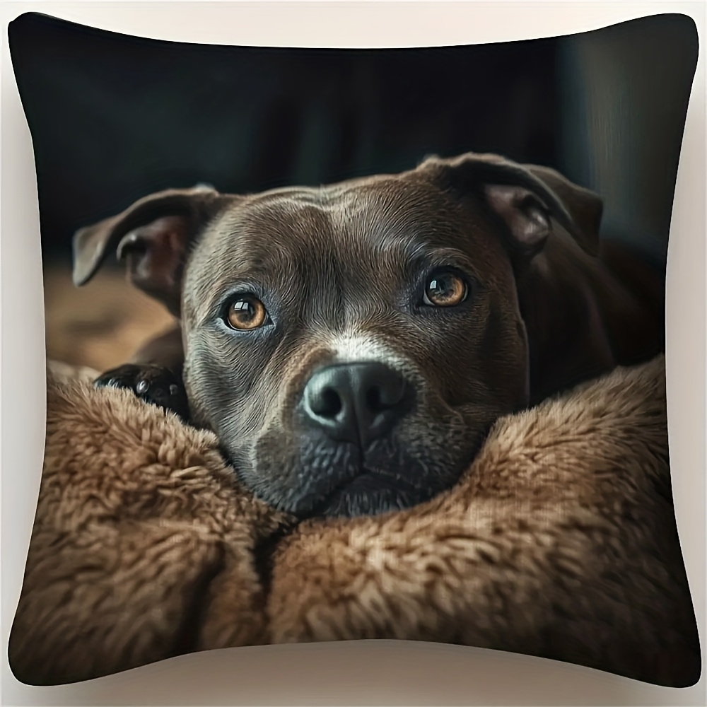 TEMU 1pc Modern Staffordshire Bull Terrier Printed Pillowcase, Soft Comfortable Short Plush Fabric, Single-sided Print, 17.7 X 17.7 Inches, Machine