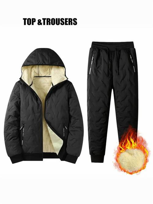 2pcs - Autumn/ Winter 2pcs Men's Hooded Casual Suit Long Sleeved Jacket Pants Men's Winter Casual Jacket Set with Plush Lining Lining Hooded Casual Suit Pocket, Suitable for Outdoor Sports, Daily Commuting, Running and Fitness, Travel and Hiking