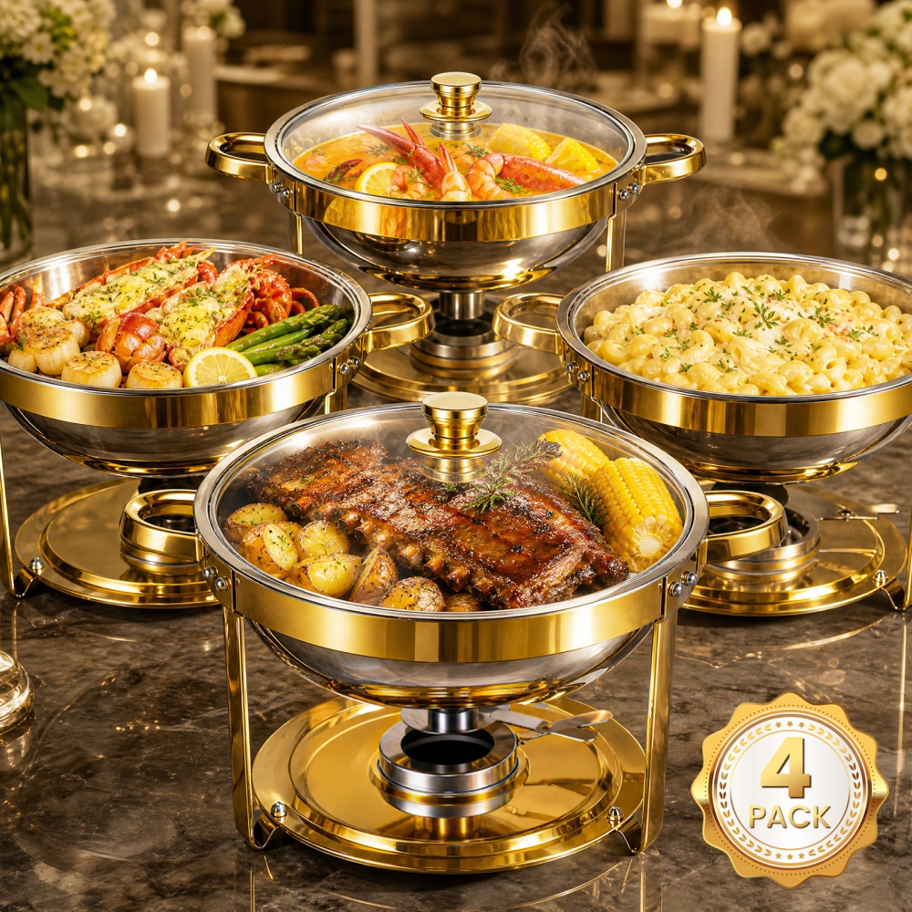 TEMU 1/2/4 Pack 6qt Round Golden 304 Stainless Steel Chafing Dish Set With Clear Glass Lid, Buffet Server Warmer For Parties, Weddings, Christmas,