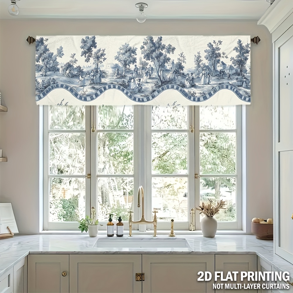 TEMU 2d Flat - 2d Printing 1pc Life Classic French Country Farmhouse Valance - Blue And White Floral Print 100% Polyester Light Filtering Window