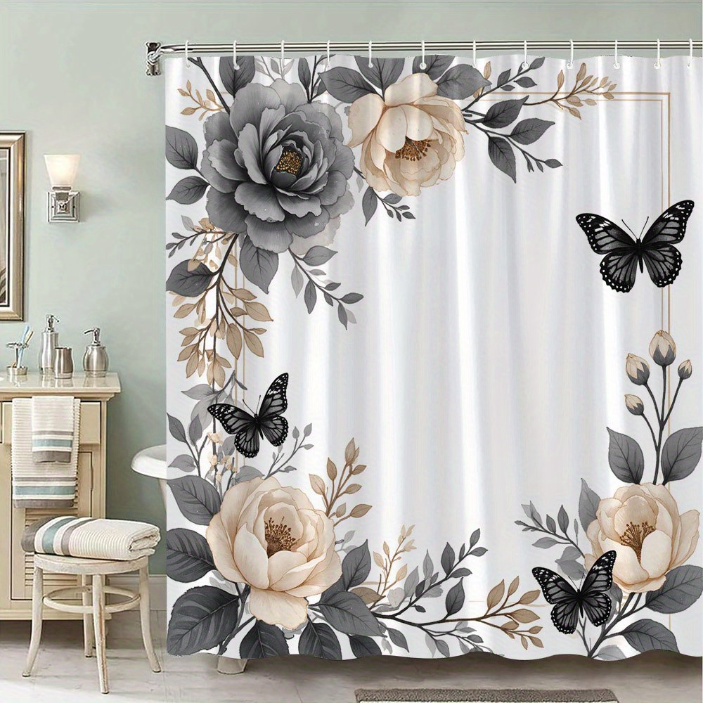 TEMU Rideau de Douche en Niveau avec Roses, et Papillons Noirs, Design Vintage, Décoration Élégante pour Salle de Bain, 12 Crochets, 70x70 Pouces