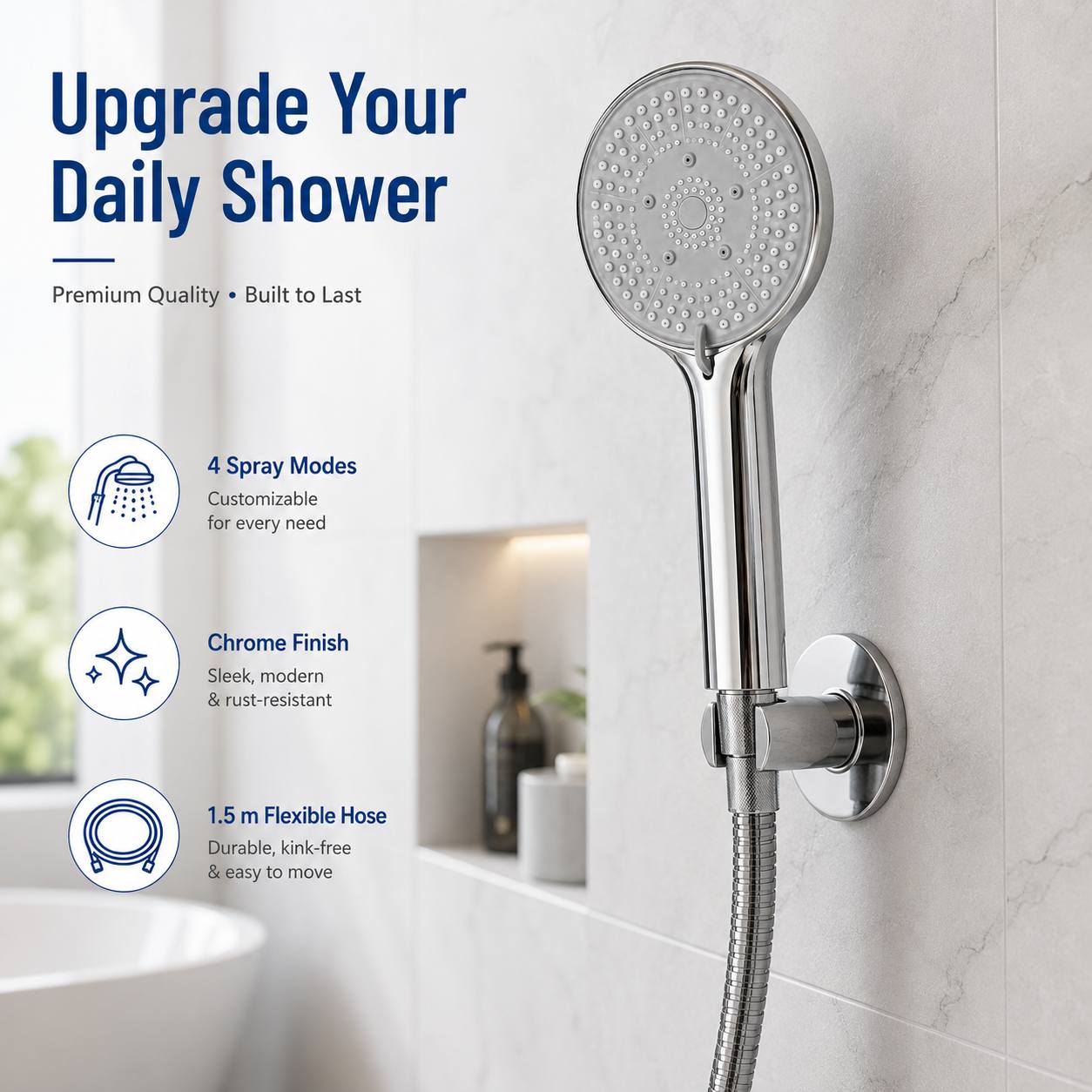 2pcs Set: High-Pressure Handheld Shower Head with Stainless Steel Hose