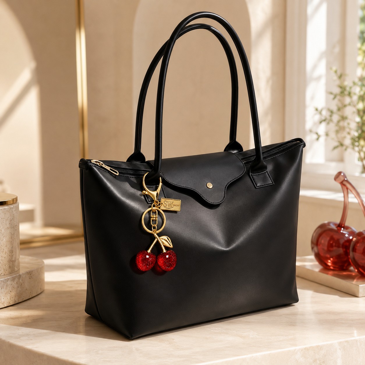 TEMU Brand Shbw Women's Large Shoulder Tote Bag Black Handbag With Cherry Charm, Spacious Zipper Purse For Work, Shopping, Travel, Daily Commute,