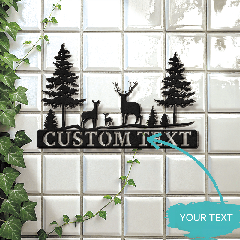 TEMU Plaque d'Adresse en Métal Personnalisée avec Famille de Cerfs - Plaque Numéro de Maison de Forêt Personnalisée pour la Décoration de