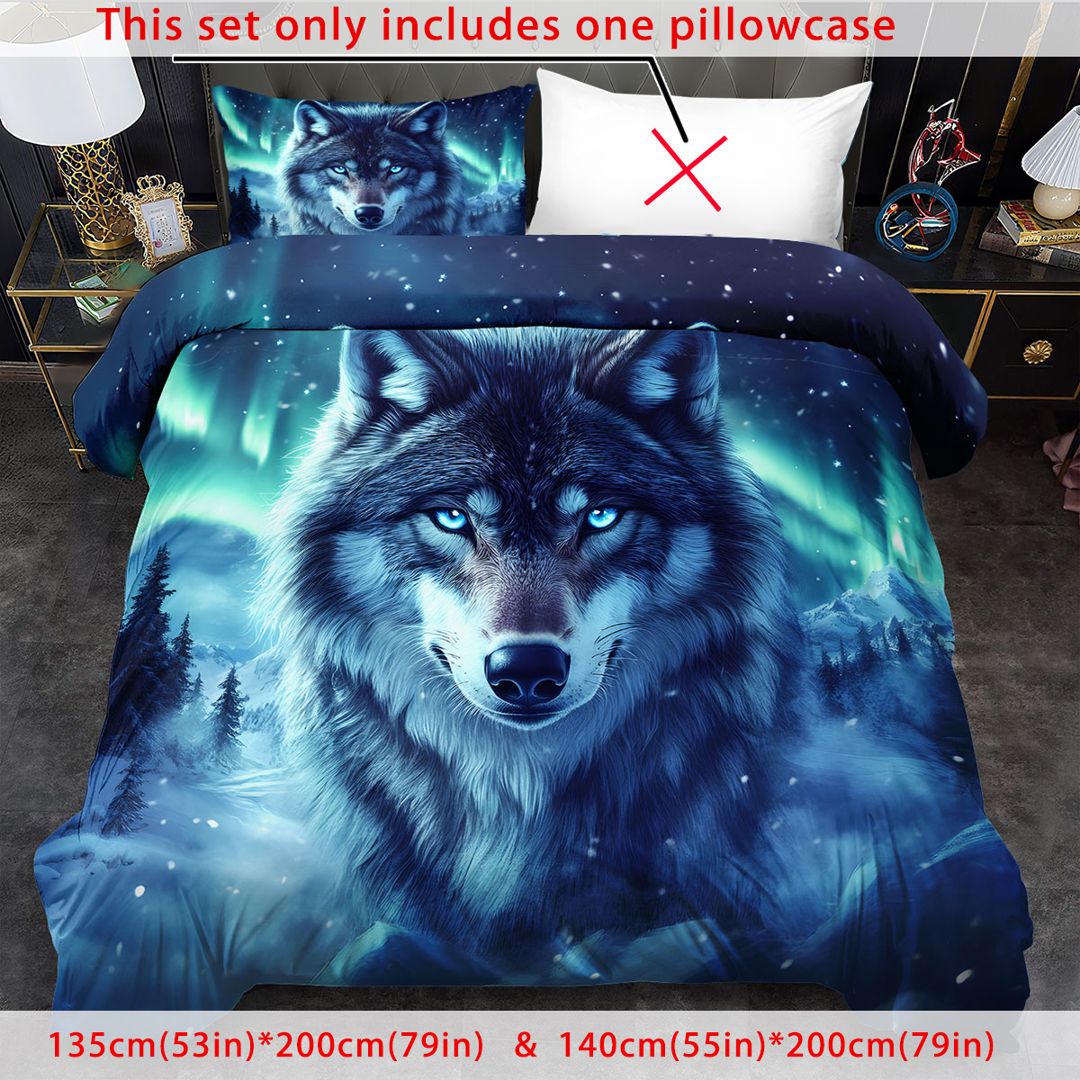 TEMU Christmas-themed Duvet Cover Set For King Or Queen Beds, Featuring A Wolf And Aurora Winter Snow Landscape In 2d Flat Print. Ideal For Bedroom