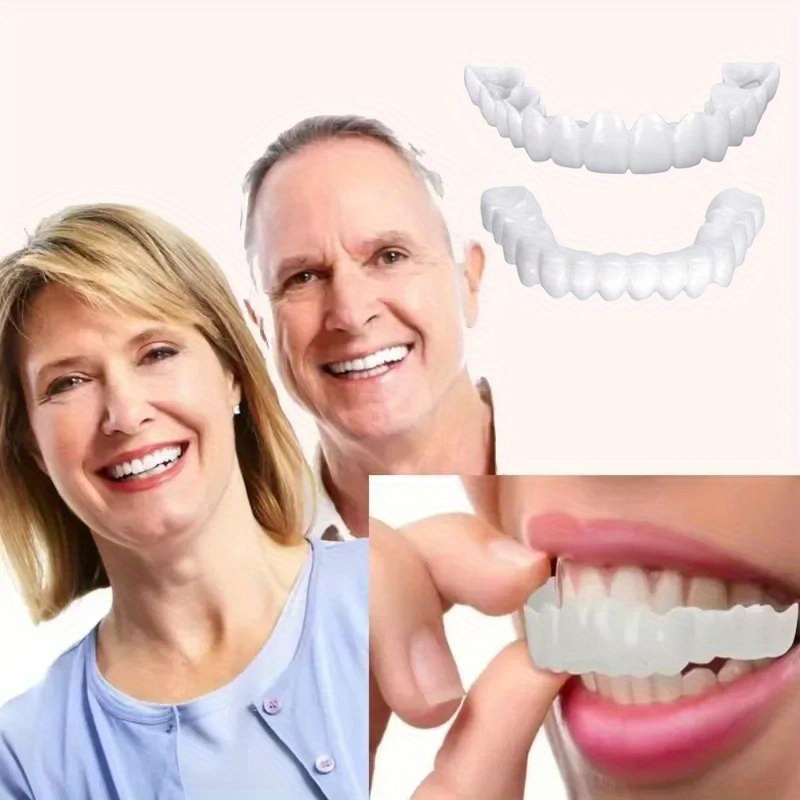 2pcs set white dentures with veneers upper and lower denture care for men and women flexible comfortable lifelike details 3