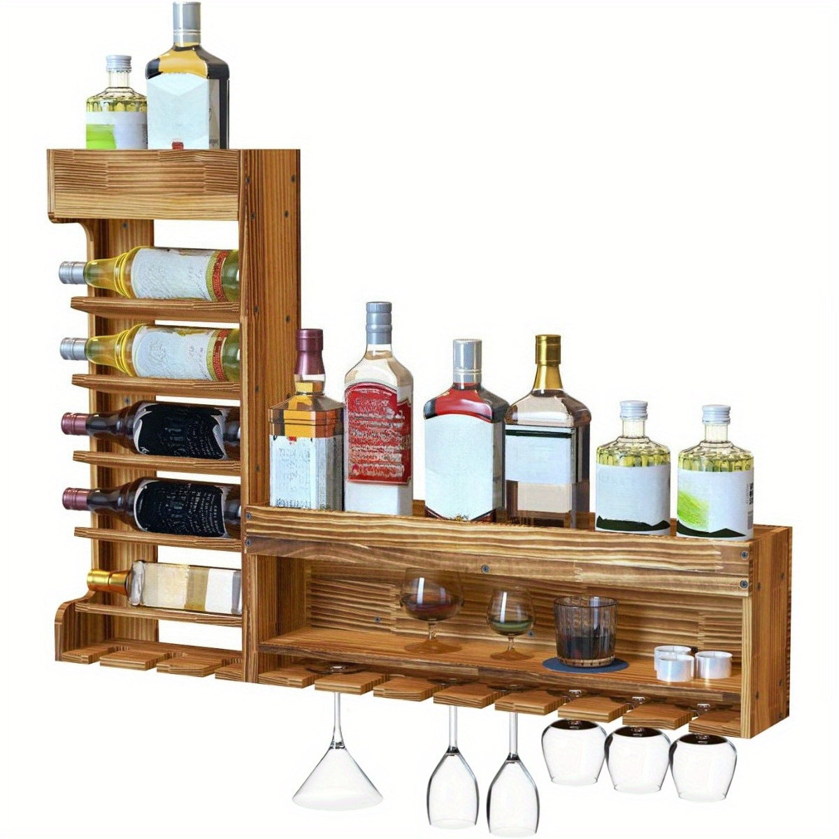 Image of Wood Wall Wine Shelf, Vintage Whisky Shelf Wall Bar, Hanging Wine Lamp Holders For Bars Kitchen Glass Cups For Families, Relatives