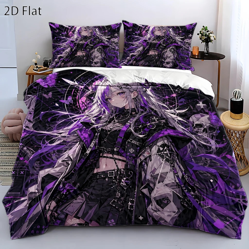 TEMU 3pcs Dark Gothic Style Purple Anime Girl Duvet Cover Set, Bedding (1*duvet Cover   2*pillowcases), Suitable For , Machine Washable, Invisible
