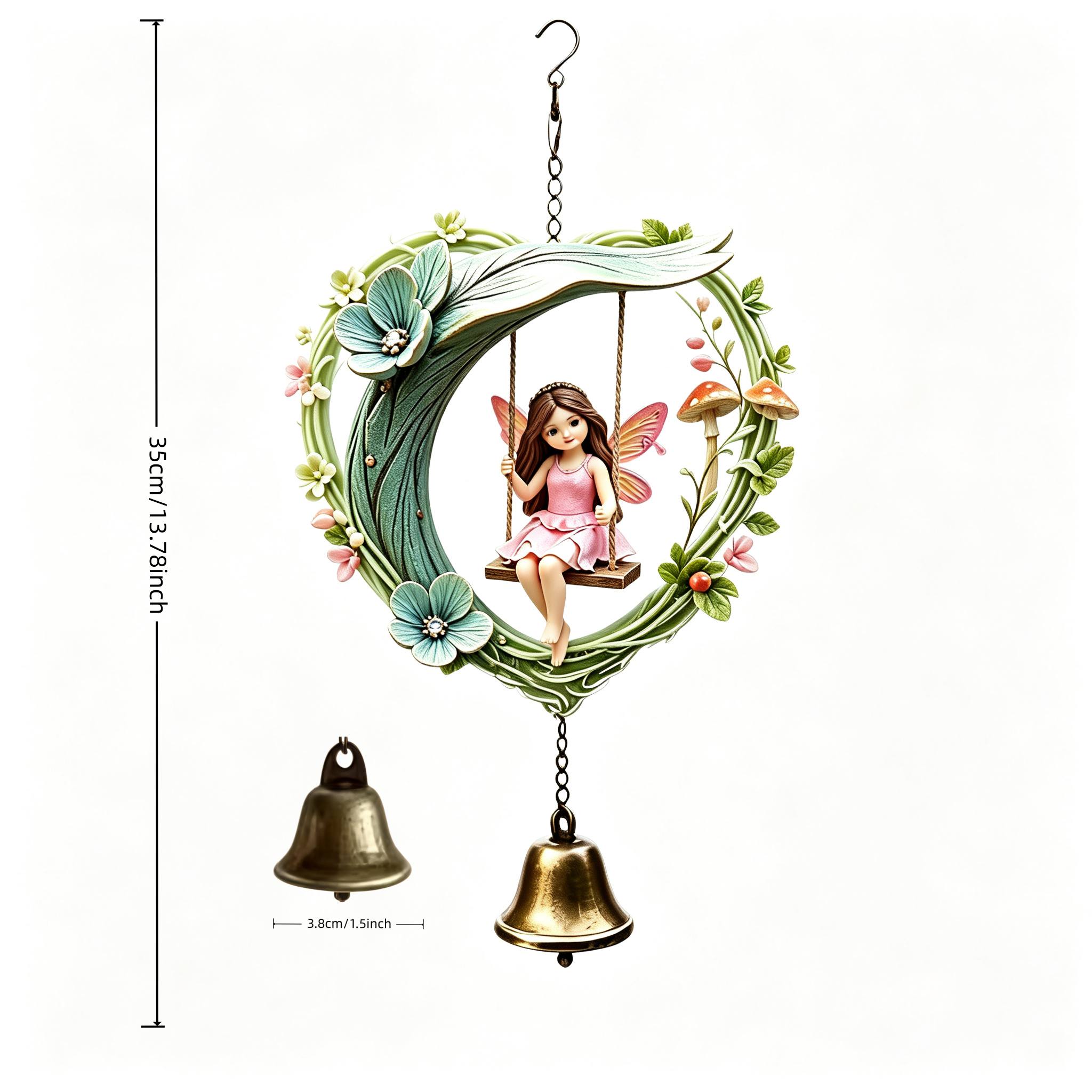 TEMU Heart-shaped Wreath Swing Fairy Handmade Hanging Wind Chime, Flower Leaf Mushroom Heart Border With Swing Fairy Design, Vintage Bronze Bell