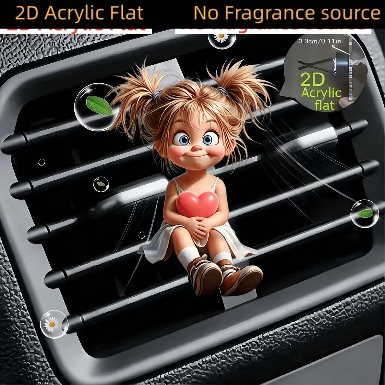 TEMU 2d Flat, Girl Holding A Heart Air Vent Clip Acrylic Decoration, "fragrance-free Source", With Double-layer Odorless Sponge Pads, Car Acrylic