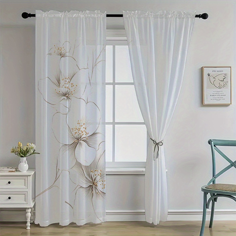 TEMU 2 pièces de rideaux en mousseline à floraux 2D semi-transparents, adaptés pour chambre, salon, bureau ou salle de bain - design imprimé lavable