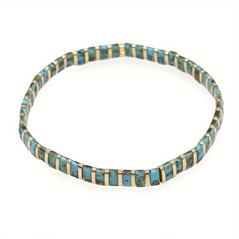 TEMU Handmade Libra Glass Bead Stretch Bracelet - Bohemian Style Jewelry With Scales Design For Women, Perfect For Vacations & Music Festivals