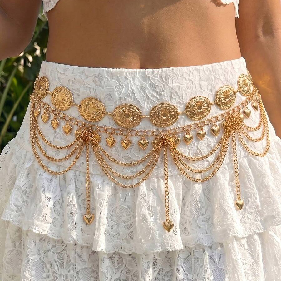 TEMU 2pcs Vintage Bohemian Style Daisy Petal And Tassel Waist Chain, Sexy Arabic Tassel Belt, Suitable For Beach, Festivals, Parties, Halloween,