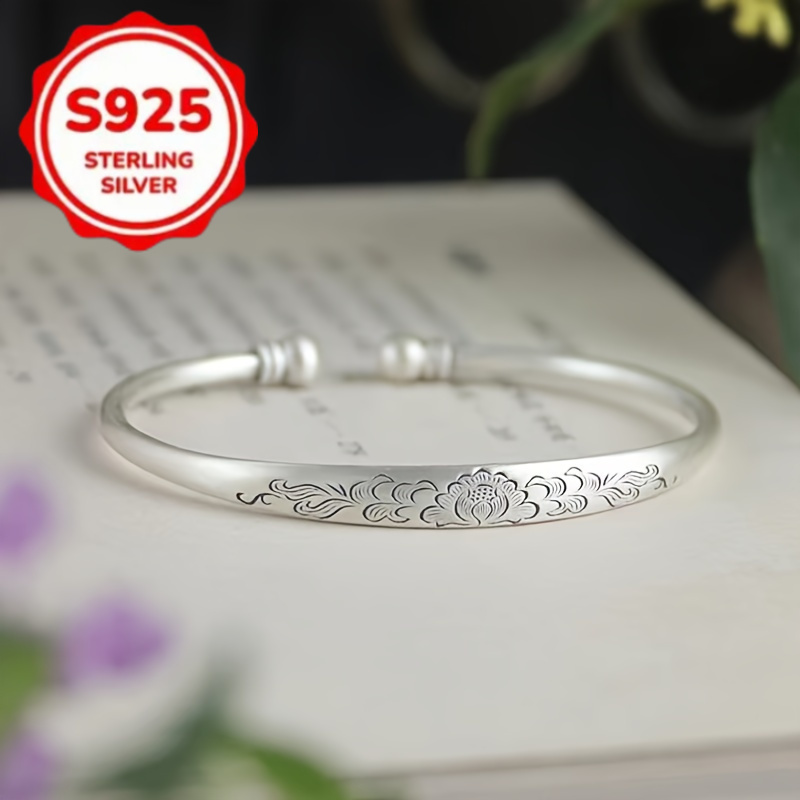 TEMU Bracelet Manchette Élégant en Argent Sterling à Double Perle - Motif Floral , Ajustable, Idéal pour Tenue Décontractée et Occasions Spéciales -