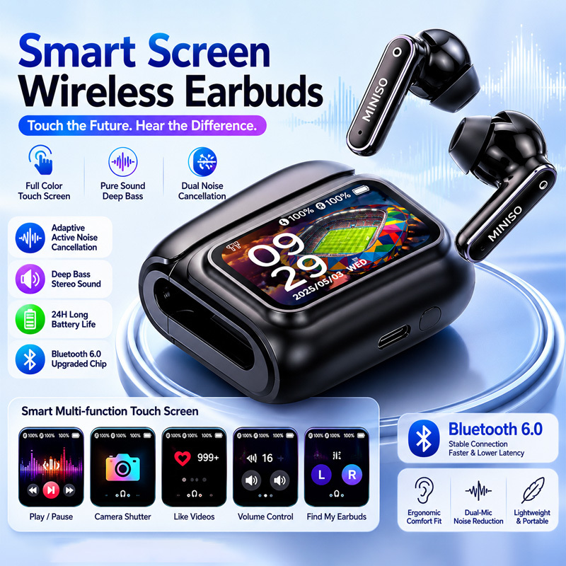 Miniso Ms128 Ai Smart Screen Earbuds: Touchscreen, Adaptive Anc & Dual Noise Reduction , Full . 24h Battery, Upgraded Wireless 6.0 Chip, Stable As Wired. Sleep-safe, For Running, Work, Entertainment