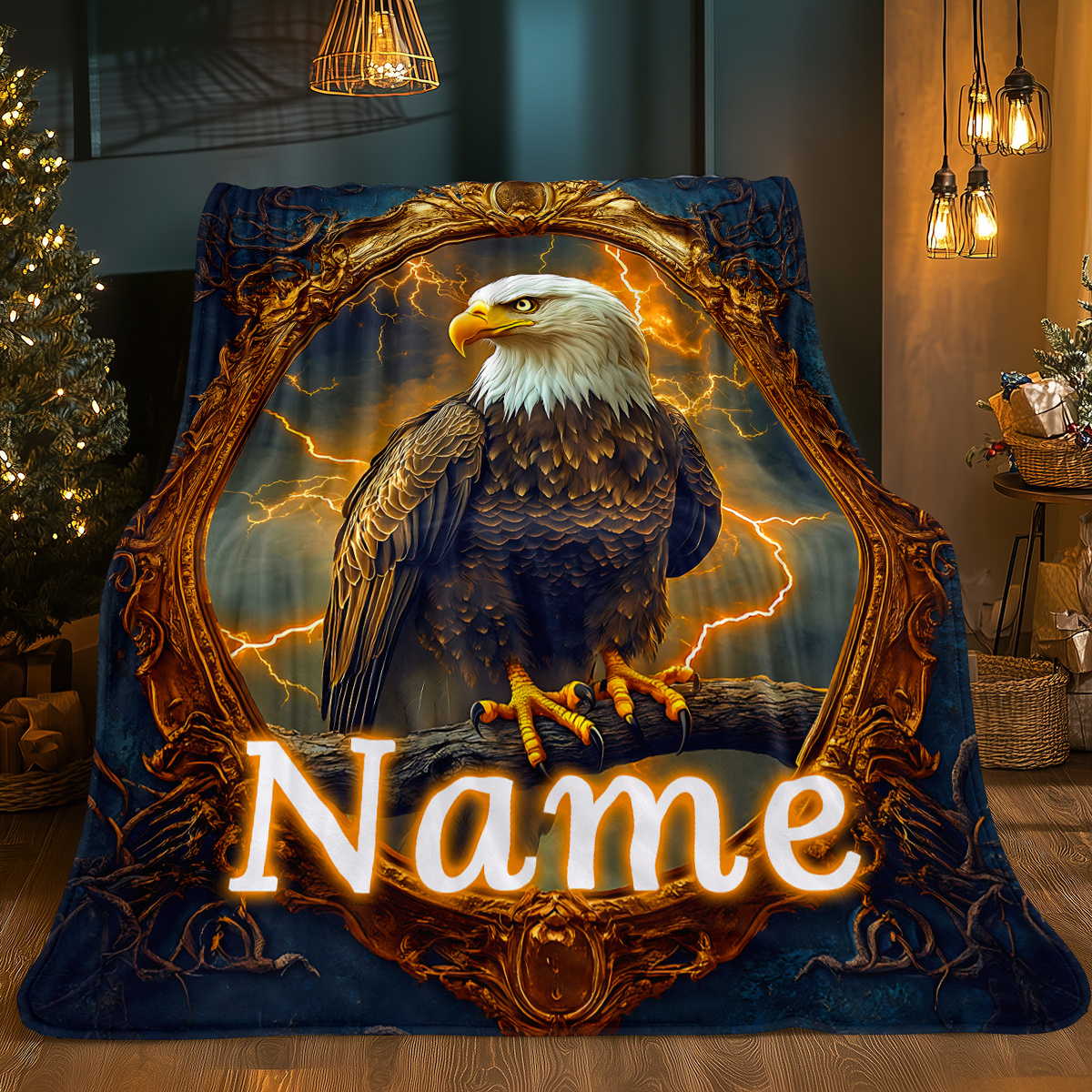 TEMU [gentle Touch] Retro Lightning Eagle Flannel Blanket | Customizable Name Feature | | Tear-resistant Polyester | For Bed, Sofa, Travel & Office |