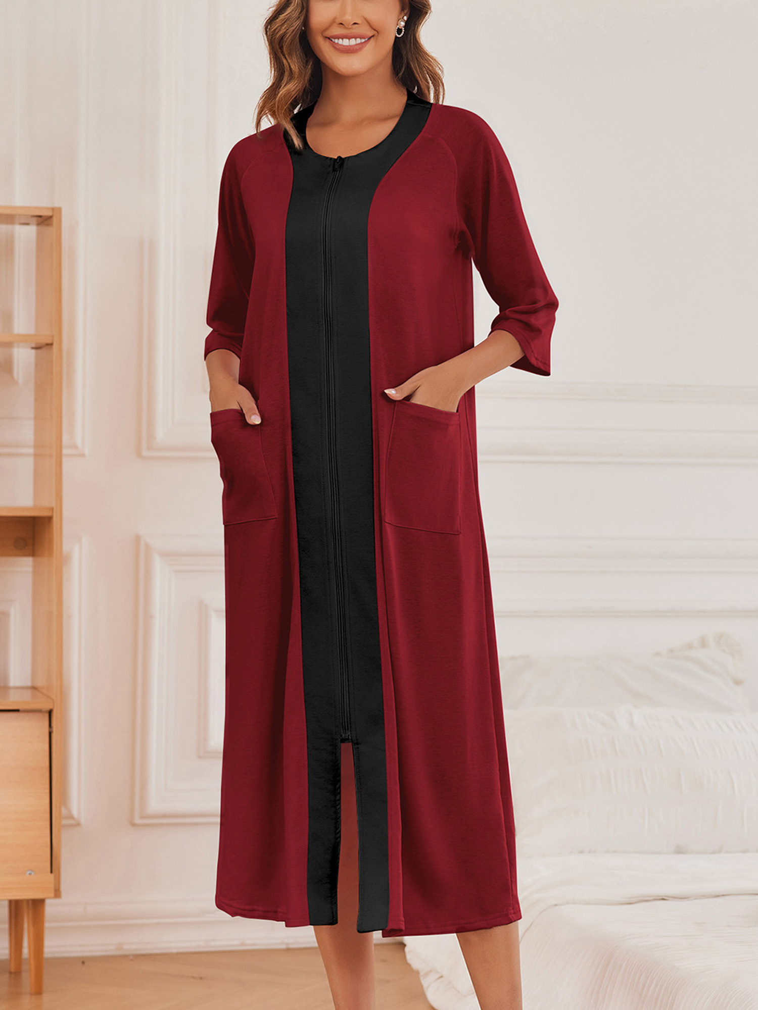 Women's Full Length Zipper Robe Crew Neck House Dresses Causal House Dress  3/4 Sleeve Housecoats Nursing Bathrobe Features Pockets H-shape C