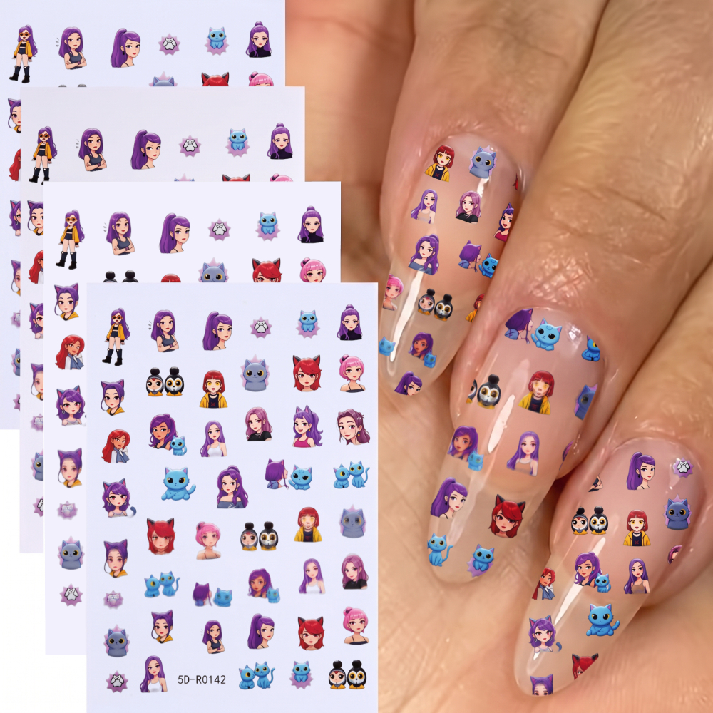 TEMU 4pcs 5d Embossed Cartoon And Cat Nail Stickers, Purple Kawaii Character Design, Cute Anime Style For Hands And Feet Daily Wear Seasonal Nail Art
