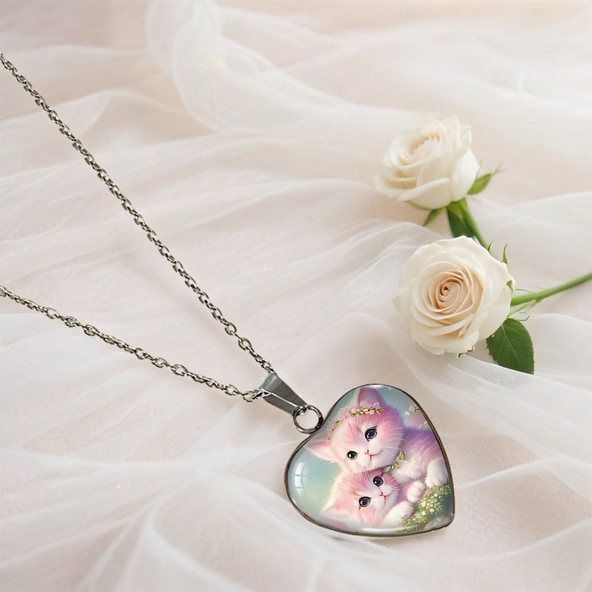 Cute Pink Cat Heart-Shaped Glass Pendant Necklace