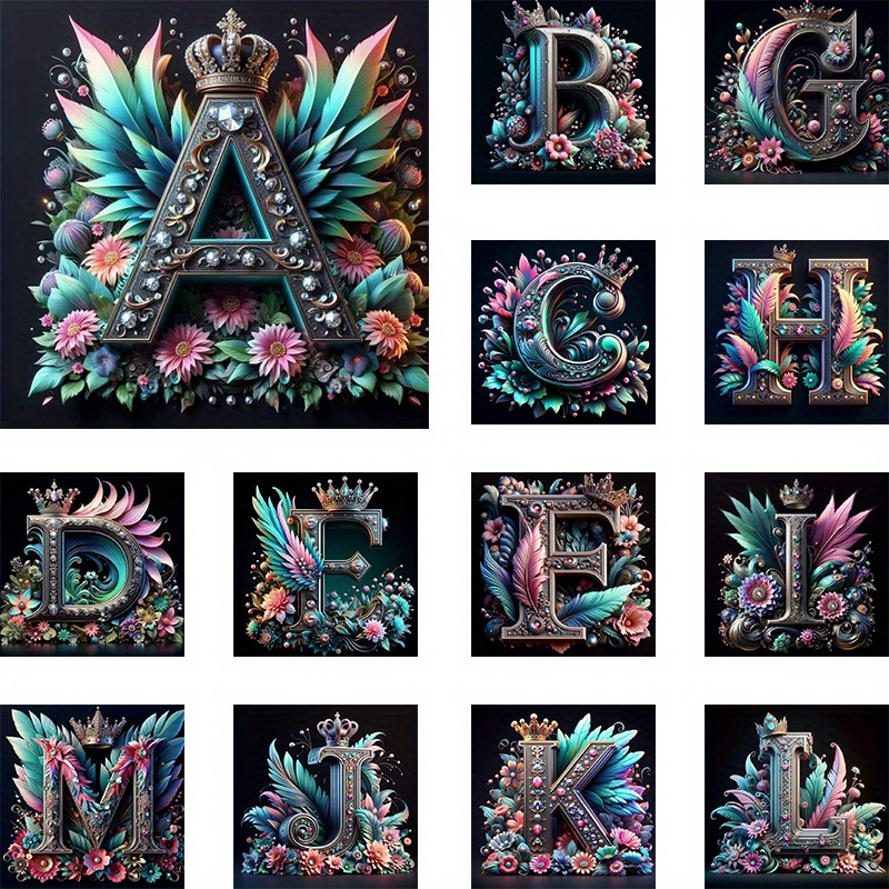 

26 Alphabet Diamond Painting Kit - Flower And Crown Pattern, 5d Diamond Full Diamond Art Handicraft, Home Wall Decoration Gift Diy - A-z Alphabet