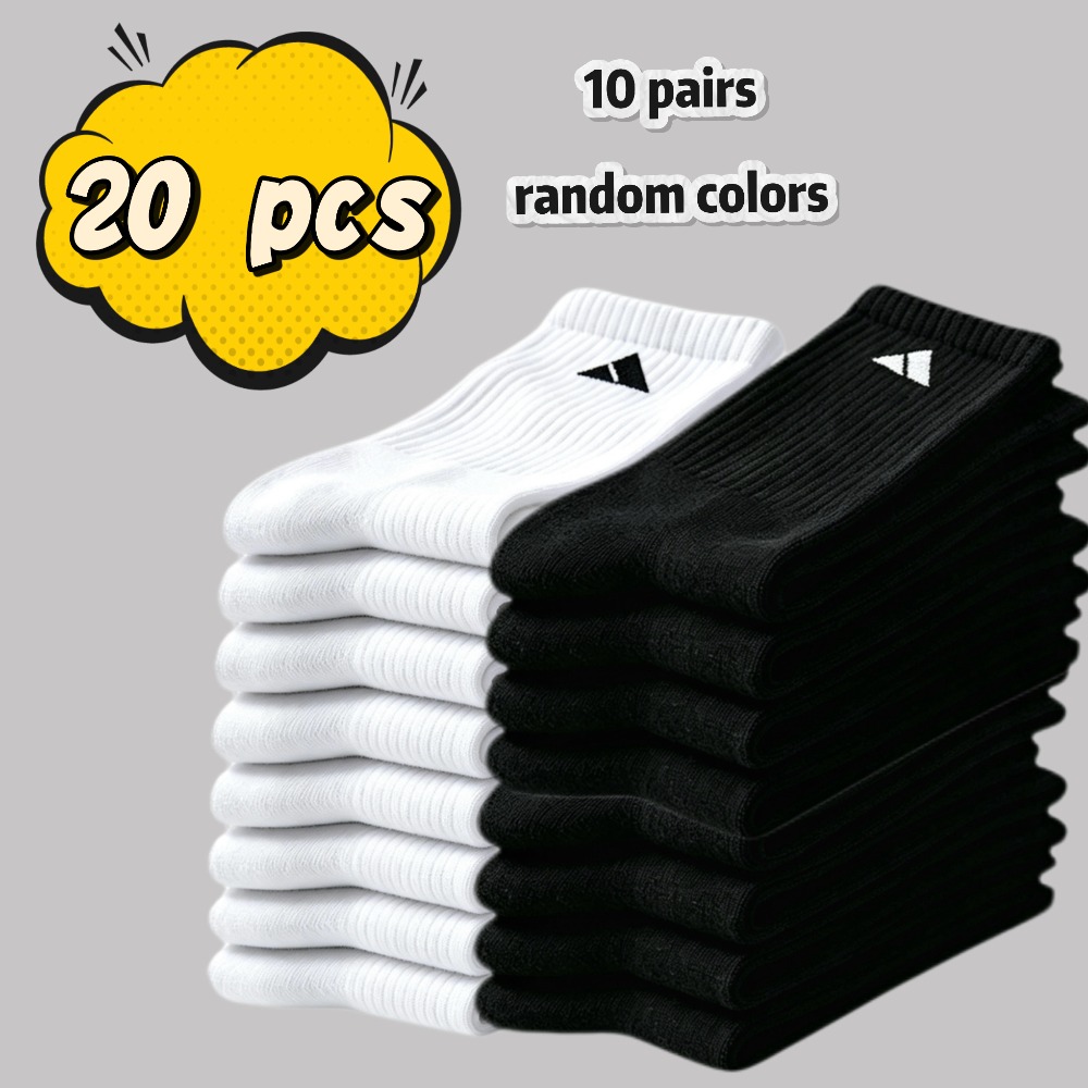 TEMU 20pcs/10 Pairs Mid-calf Socks, Unisex Random Colors, Moisture-wicking Fabric, Non-slip And Wear-resistant Sole, Toe Design, Spring Summer Fall