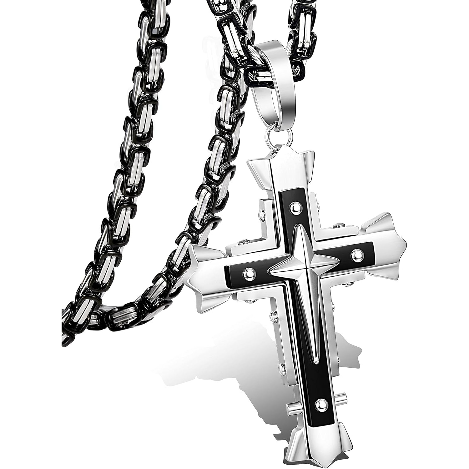 Image of 1pc 5mm 316l Stainless Steel Cross Pendant Necklace Men Byzantine Chain Necklace 22-30 Inches