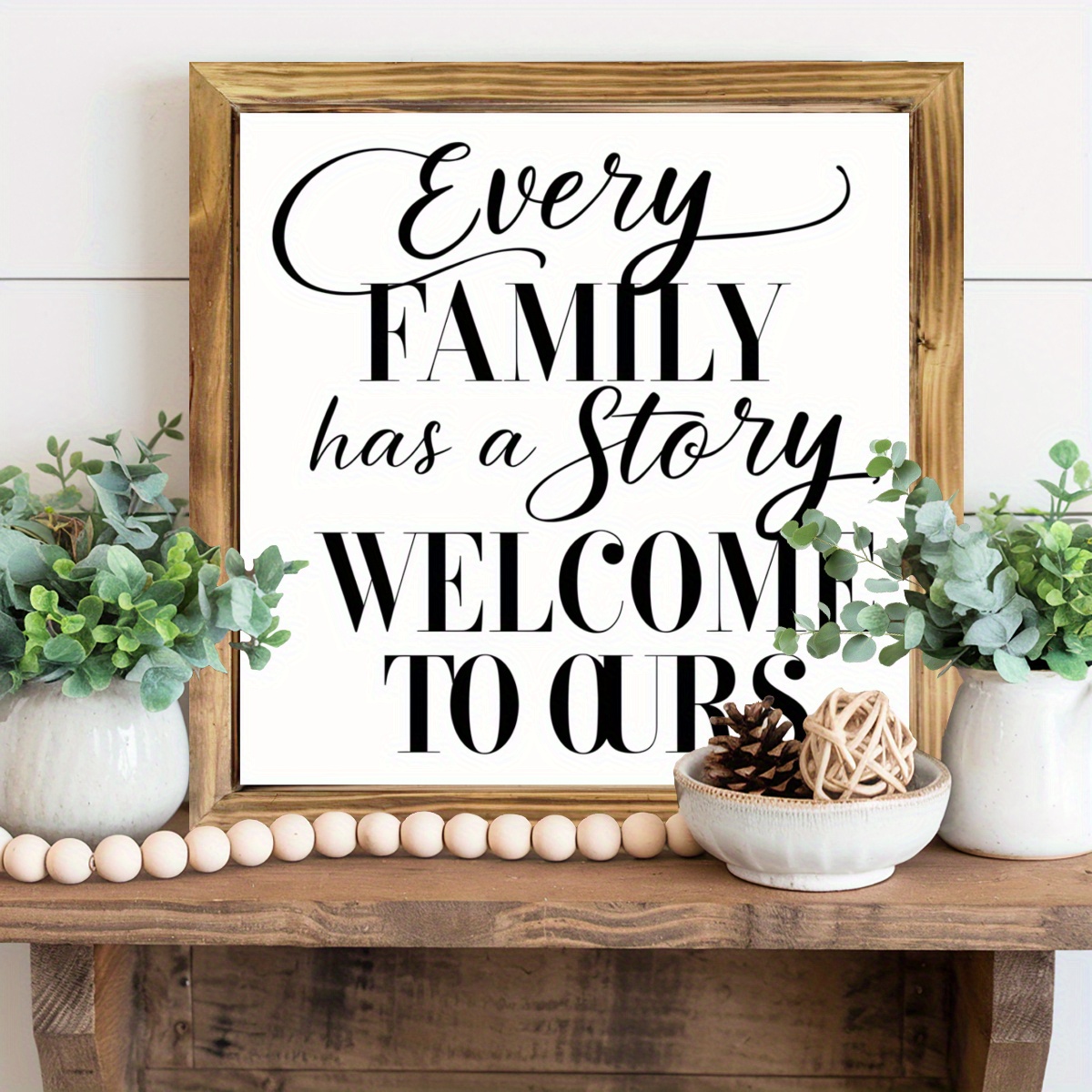 TEMU 1pc Rustic Farmhouse Wood Framed Wall Art Sign " Family Has A Story, Welcome To " - 8x8 Inch Black & White Horizontal Wood Plaque For Entryway,