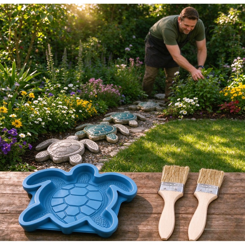 TEMU 3pcs Stepping Stone Mold Set (1 Mold + 2 Brushes), Reusable Garden Art Mold, Diy Concrete Casting, Ocean Animal Stepping Stone Maker, For Garden