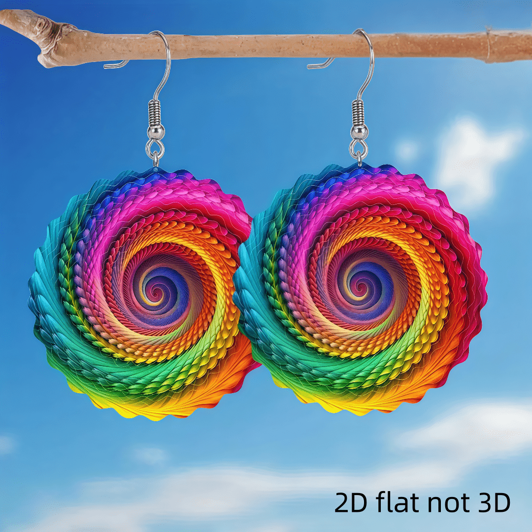 2d Flat - A Pair Of Colorful Spiral Earrings. The Is Full Of Psychedelic Colors, A Sense Of And 3 Dimensionality To The Design. Is Bright And Vibrant. 2d Graphic Design, , Bright Colors