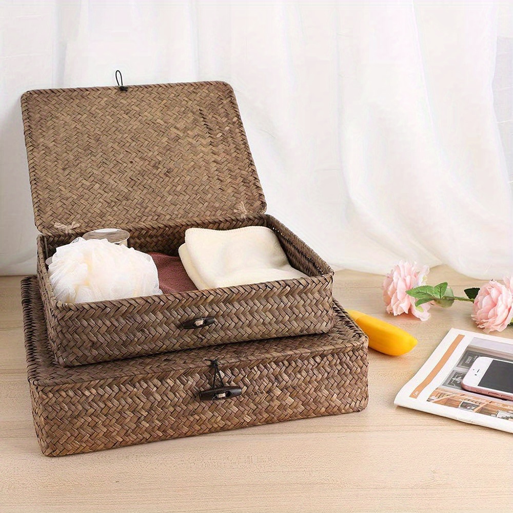 2pcs Set of Flat Woven Wicker Storage Bins with Lid Natural Seagrass Basket Multipurpose Home Boxes for Shelf Organizer