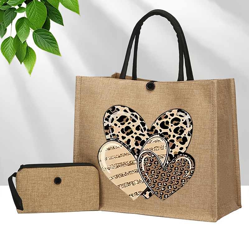 Heart Print Burlap Tote Bag Two-piece Set, Foldable Fixed Shoulder Strap, , Valentine's Day, Teacher's Day, Mother's Day