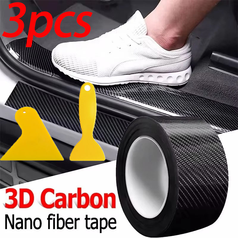 3pcs Set, 1pc 3D Carbon Fiber Tape And 2pcs Scrapers - Waterproof Scratch-Resistant Bumper And Sill Protector Stickers, Black, Fashionable Car Accessory,   Interior, Durable   Film, Scratch-Resistant Material, Car Enthusiasts