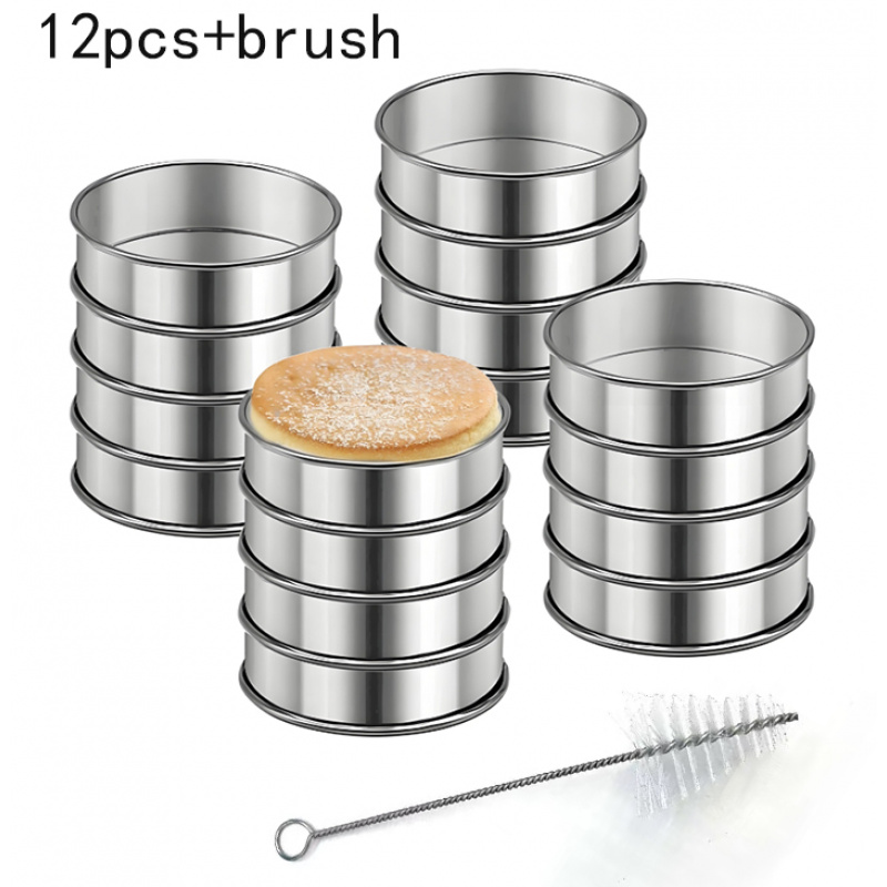 TEMU 13pcs English Muffin Rings, 4-inch Stainless Steel Round Metal Muffin Rings With A Cleaning Brush, Double-layer Rings, Double-layer Pancake Ring