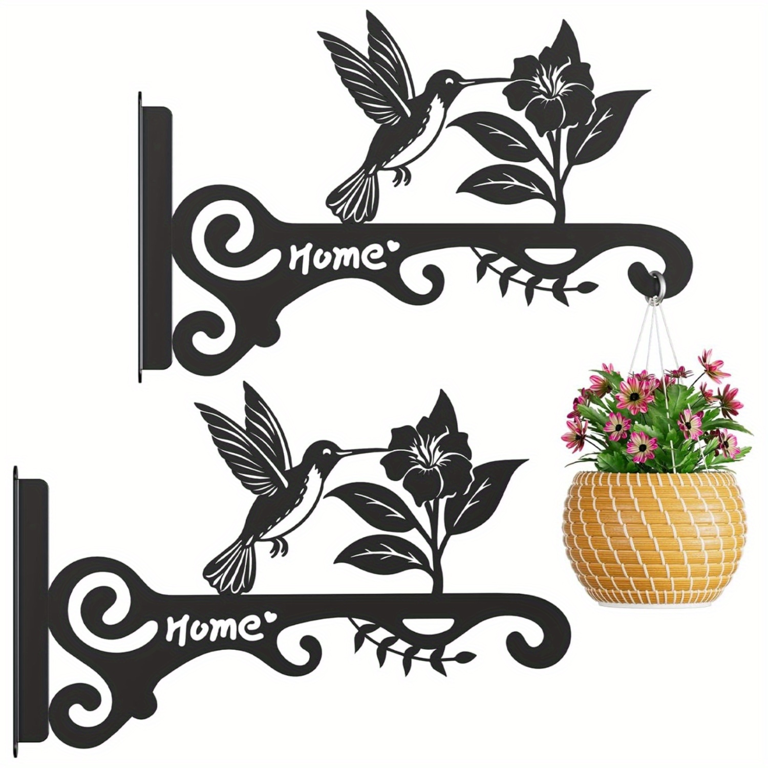 TEMU 2pcs Contemporary Wall-mounted Iron Flower Basket With Hummingbird & Rose - Install /outdoor Hanging Plant Holder For Balcony, Living Room -