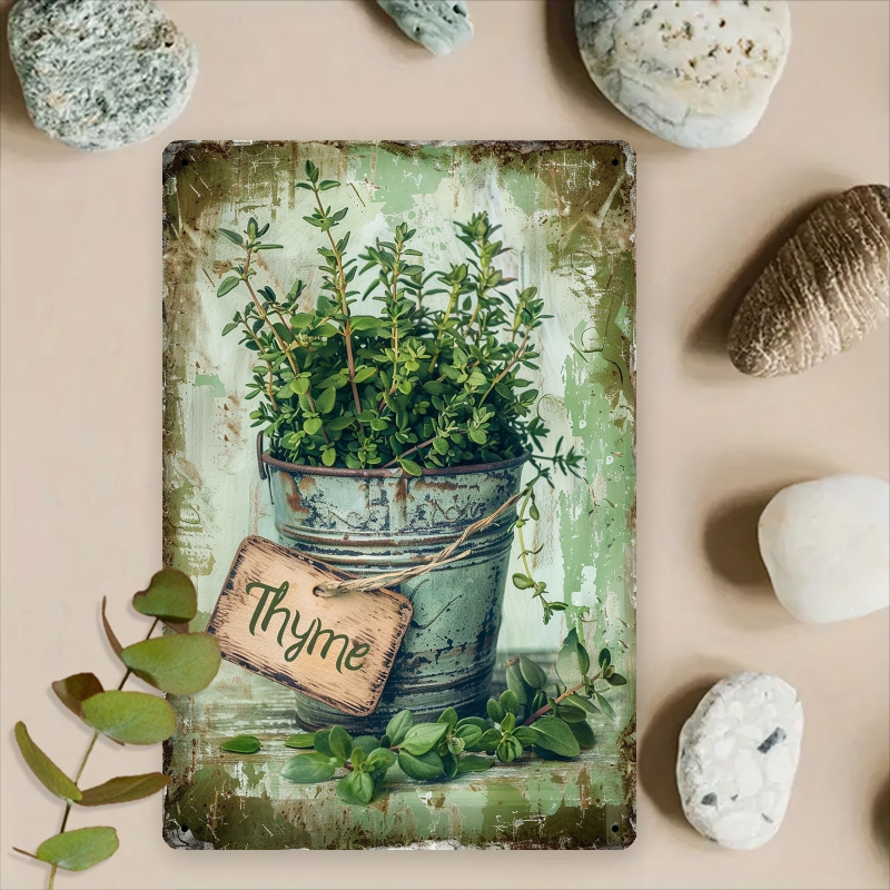 TEMU Vintage Rustic Thyme Metal Tin Sign - 8x12 palcová nástěnná umělecká díla s zeleným bylinkovým rostlinným vzorem v modrém koši, ideální pro
