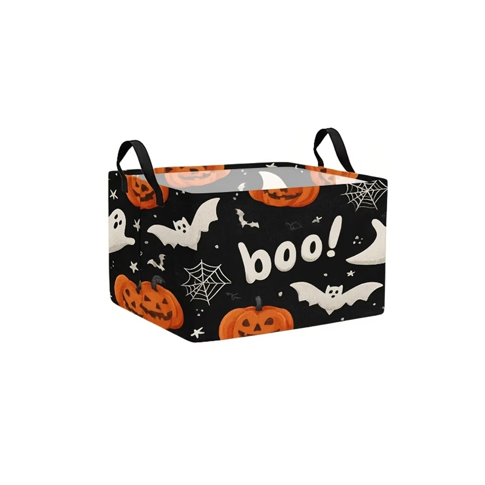 TEMU 1pc Halloween-themed Storage Basket With A Spooky And Featuring Pumpkin, , Bat, And 'boo!' Prints. Perfect For Home Organization And Halloween
