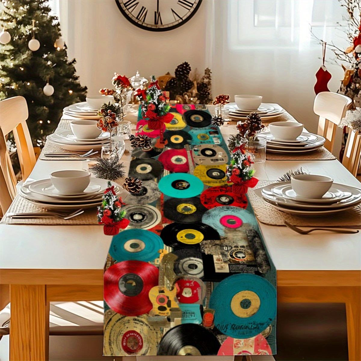 TEMU 1 pc, Chemin de table à thème musical vintage avec disque vinyle créatif et guitare en tissu décoratif pour décoration maison ou café