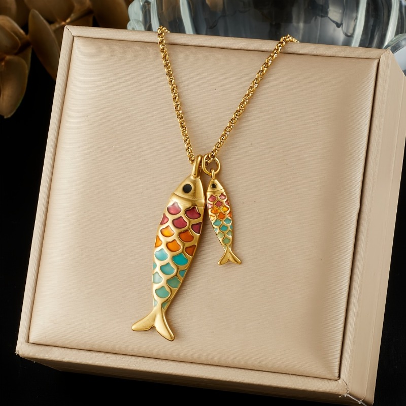 TEMU 1 Collar con Colgante de Moda para Mujer con Diseño Bohemio de Línea A, Vacaciones, Multicolor, Pequeño Pez y Pez Grande, un Regalo Único para