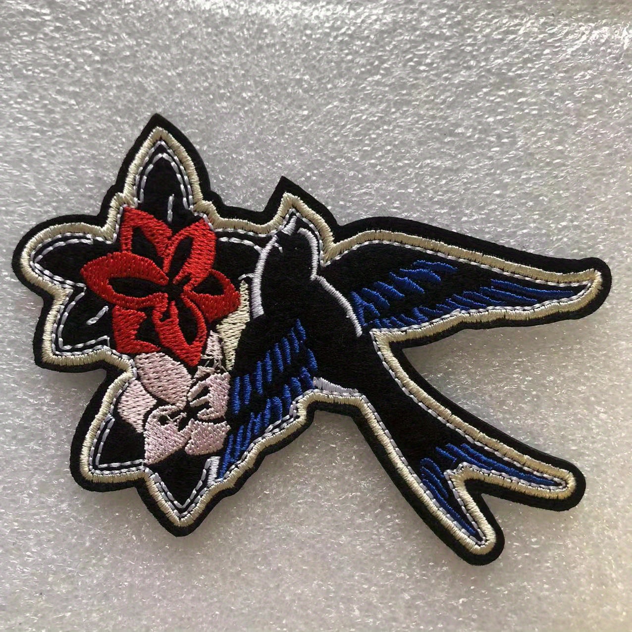 TEMU [dark Style] 1pc Swallow Floral Pattern Hot Melt Adhesive Embroidered Iron-on Patch, , Iron-on Fixing, , Outfit, For Clothing Damage/covering
