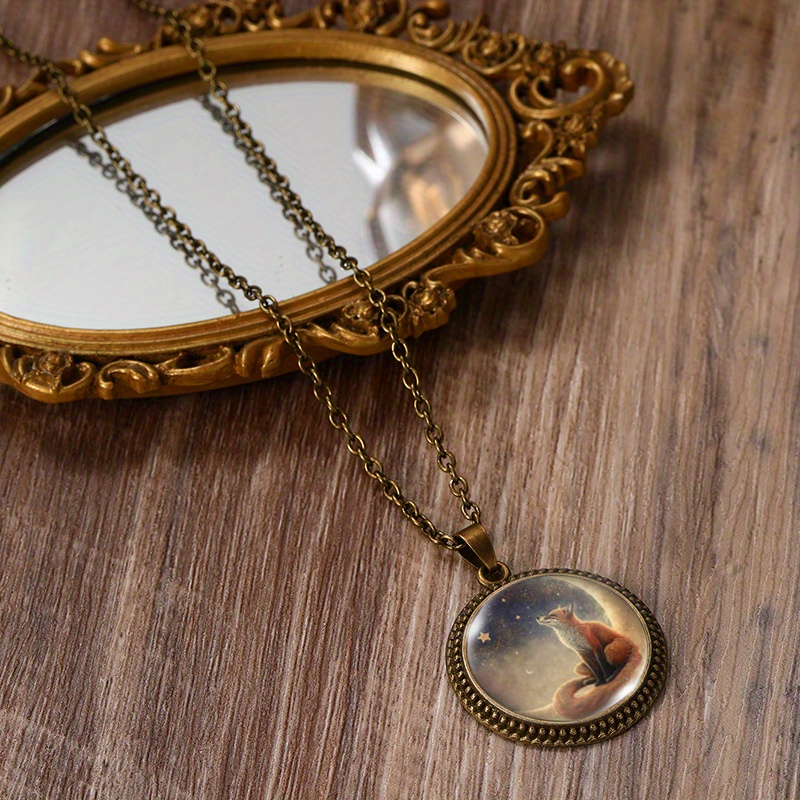 Handmade Glass Pendant Necklace with Crescent and Fox Design