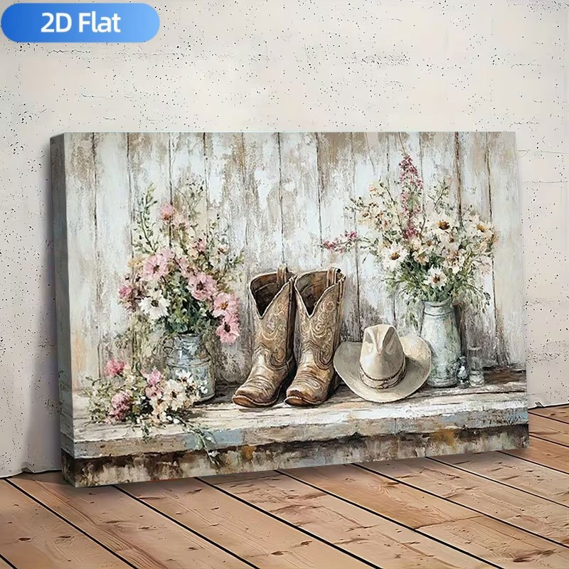 TEMU 2d Flat, Paintings 2d Flat, 2d Flat, 1pc, Wooden Framed Canvas Painting Poster, Vintage Cowboy Boots And Hat With Wildflowers Still Life Canvas