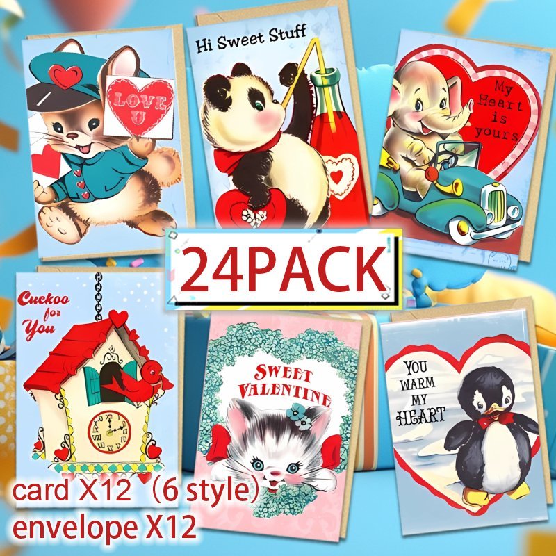 

24pcs(12 Envelopes + 12 Cards) Retro Animal Valentine's Day Romantic Greeting Cards With Envelopes - Celebration, , , New Year, Thank You Cards For Any To Family Friend Gifts