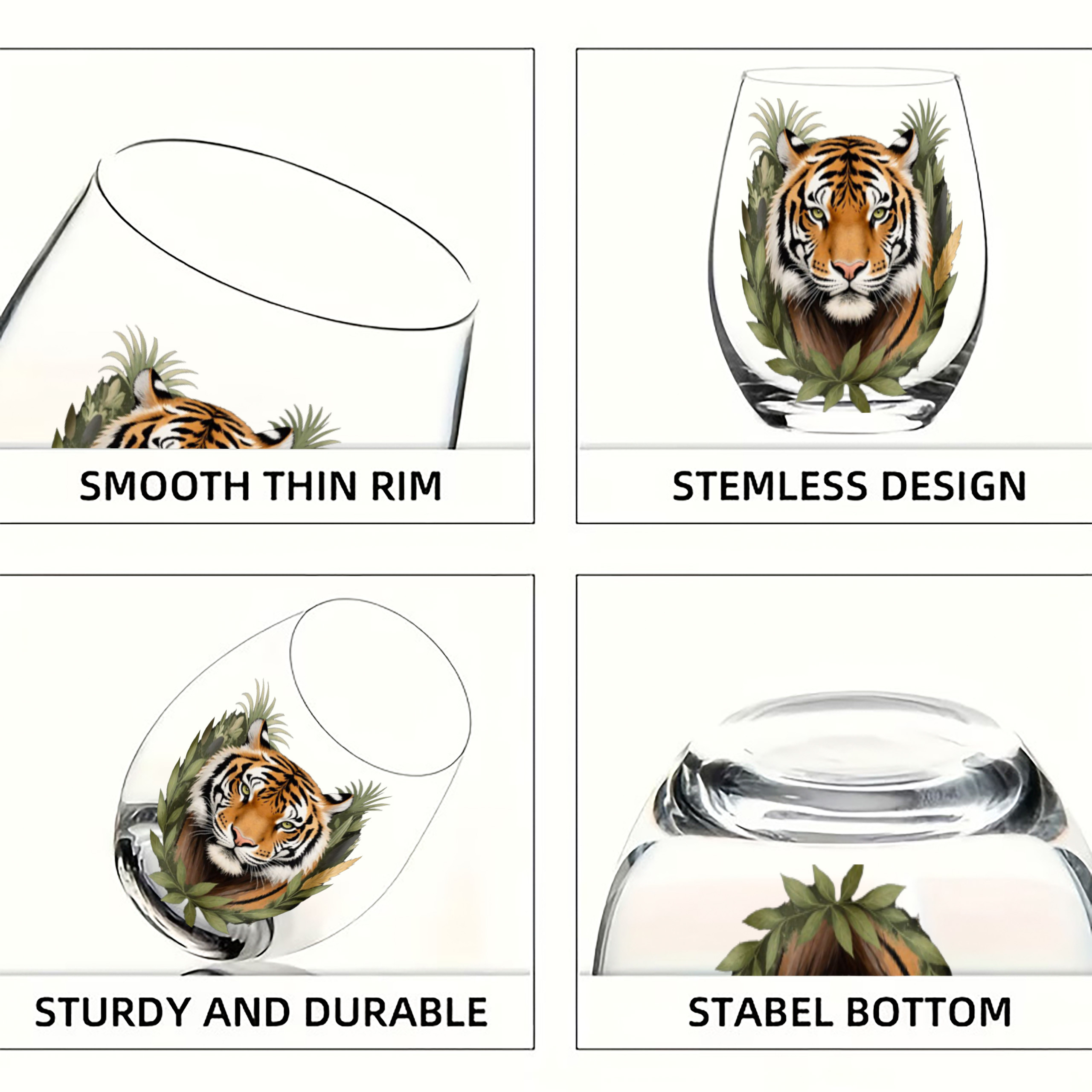 TEMU 1pc Tiger Pattern, 350ml Egg-shaped Glass, Drinking Cup, Stemless Wine Glass, Champagne And Whiskey Glass, Scratch-resistant, Reusable Machine