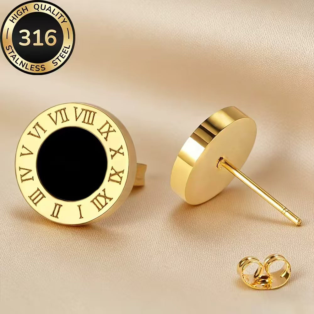 TEMU 1 Pair High Quality Womens Roman Round Black Stud Earrings, Steel 18k Gold Plated Inlaid Black Abs Fade Resistant, Golden Silvery Tone Versatile