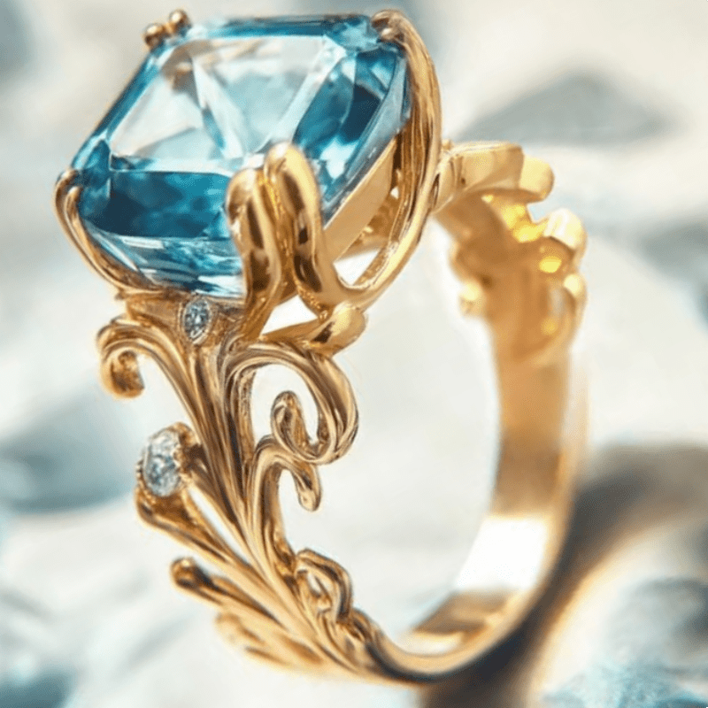 Women's Retro Vine Engagement Ring with Square Sea Blue Stone